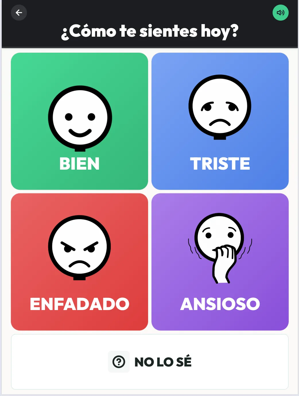 Pantalla de la app con la pregunta «¿Cómo te sientes hoy?» y cuatro pictogramas de estado de ánimo: bien, triste, enfadado y ansioso, además de la opción «No lo sé».