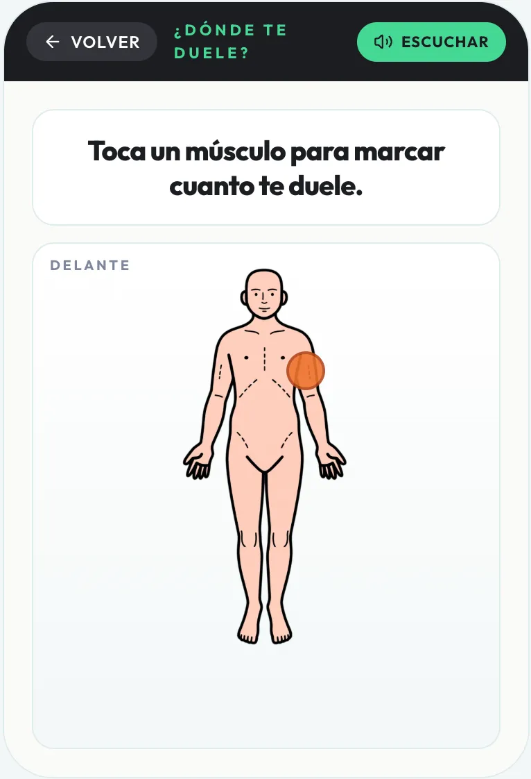 Pantalla de la app para registrar cómo se siente la persona y si tiene dolor, con la opción de dolor seleccionada.